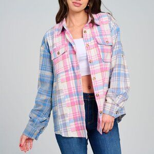 B18 LONG SLEEVE BUTTON CLOSURE FRONT POCKETS COLORBLOCK PLAID SHACKET Pink NEW